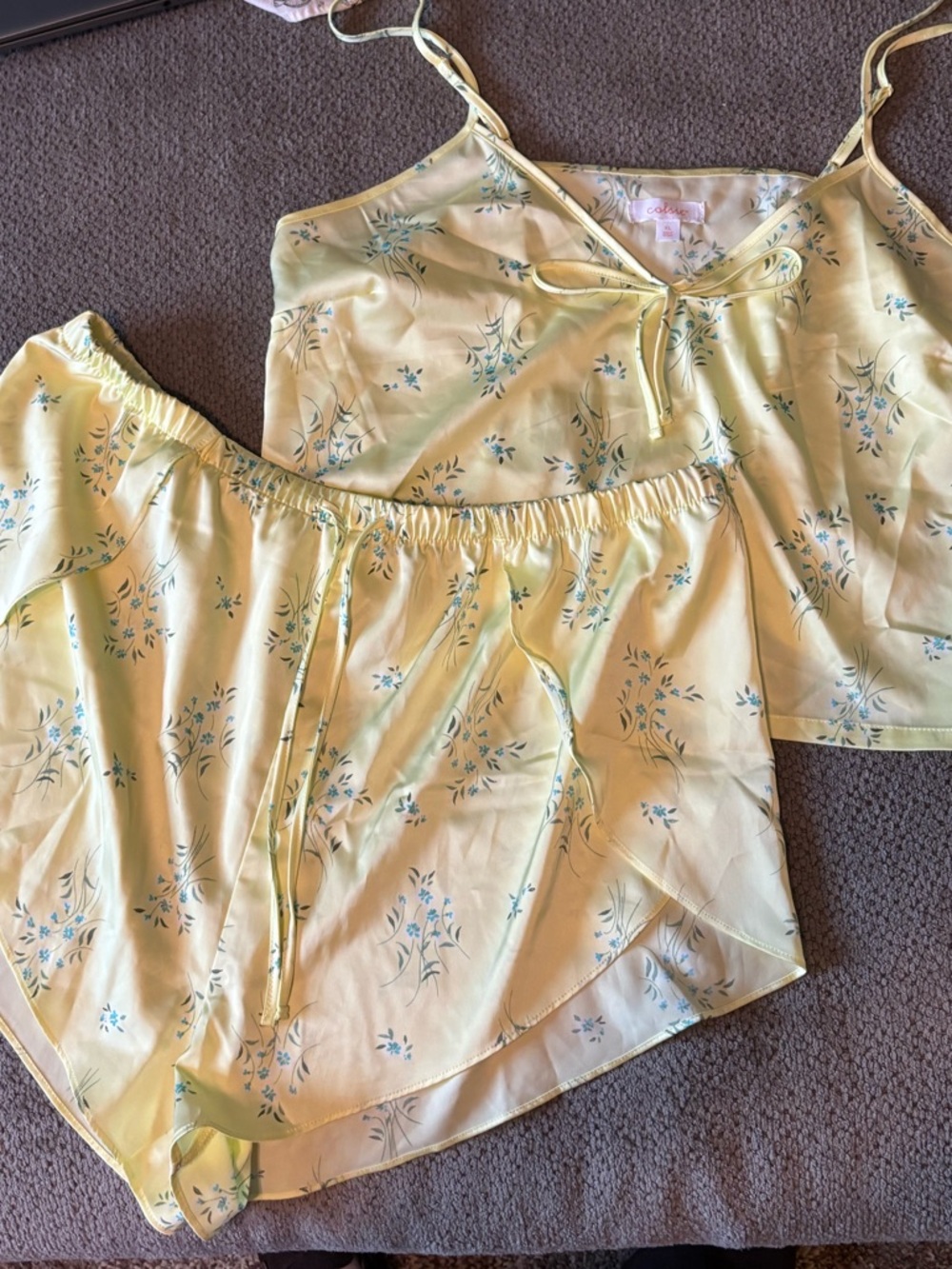 Colsie Yellow Floral Satin Cami & Shorts Set